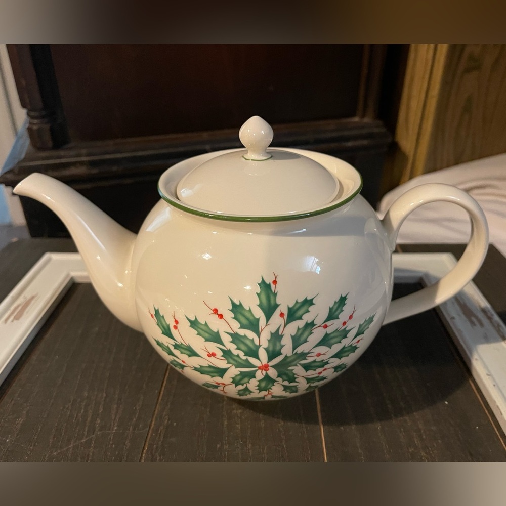Lenox White Teapot with Green Holly and Red Berries